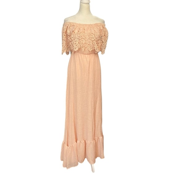 Dress Day Peasant Gauzy Maxi Dress Size S Pink Crochet Neck Boho Hippie 70s Airy - Picture 2 of 8